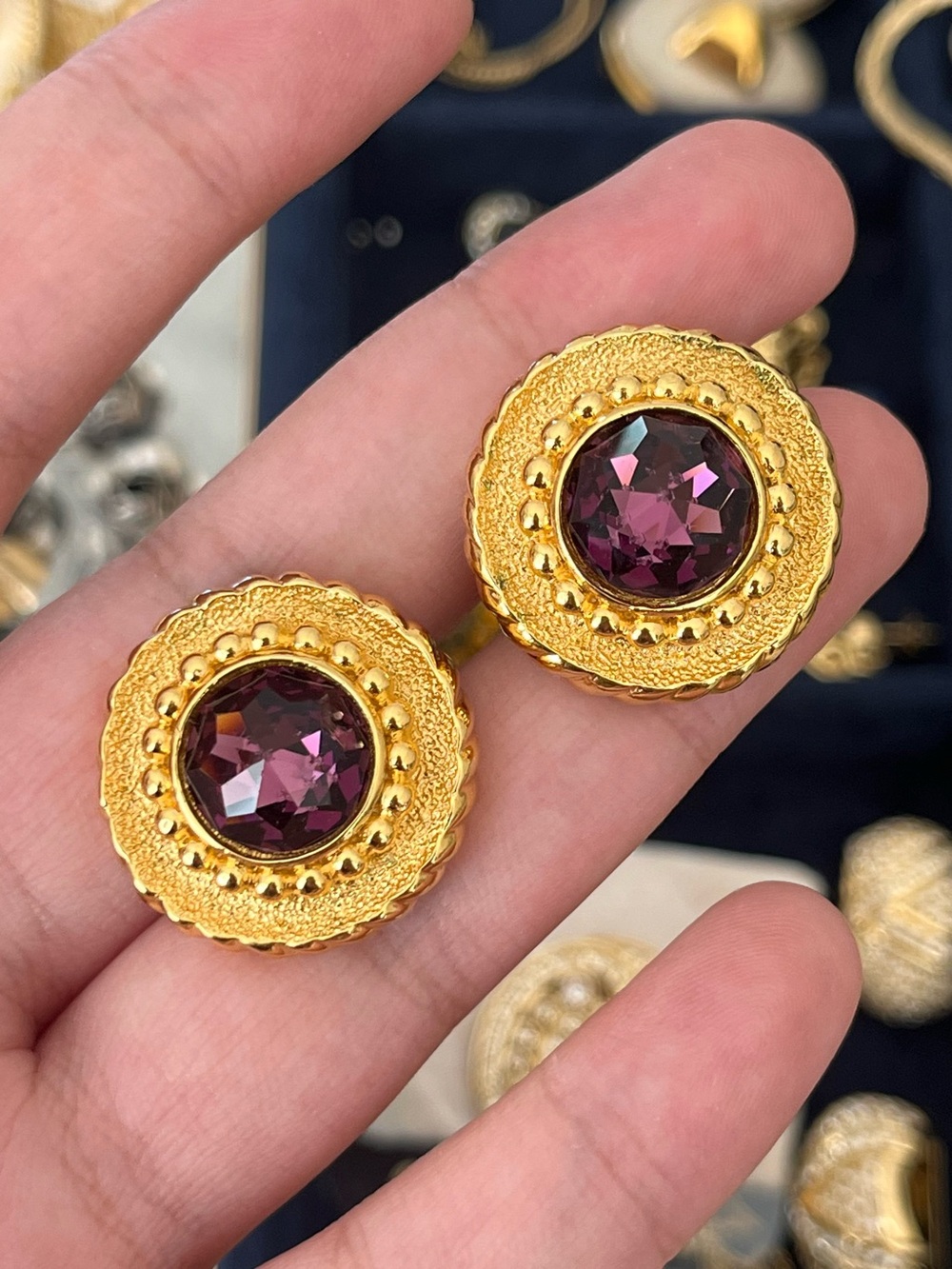 Authentic Vintage Dior Poster Piece Purple Rhinestone 14k Gold Post Earrings
